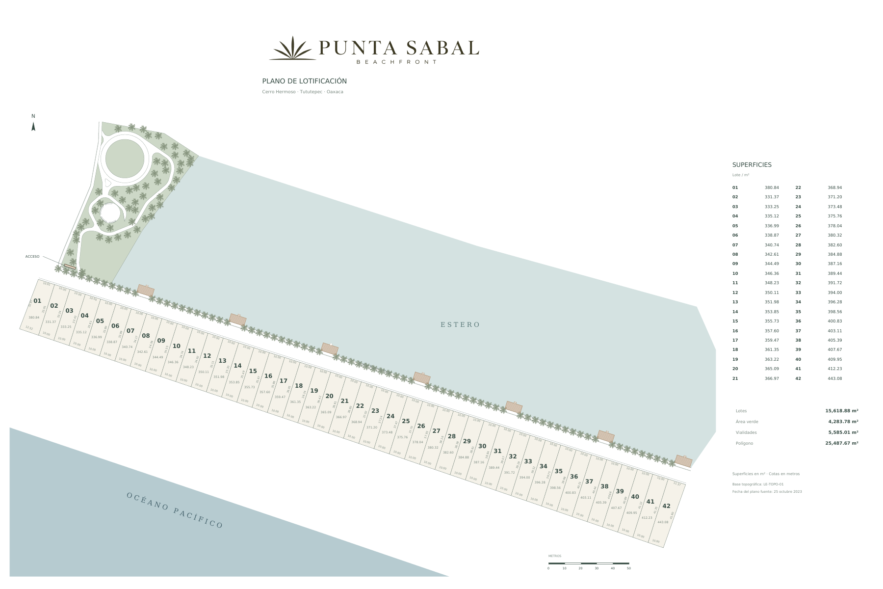 Plano de lotificación de Punta Sabal: 42 lotes entre estero y océano, con cuadro de superficies